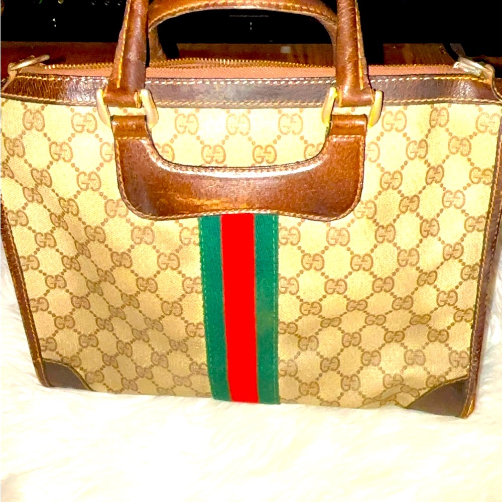 Authenticated Gucci Hand Bag Brown PVC with D rings! You can add a chain/strap - Picture 1 of 12